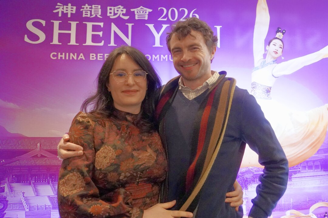 Emese Szilagyi and George Gilbert attended Shen Yun Performing Arts at the Wycombe Swan Theatre Feb. 21, 2026. (Mary Man/The Epoch Times)