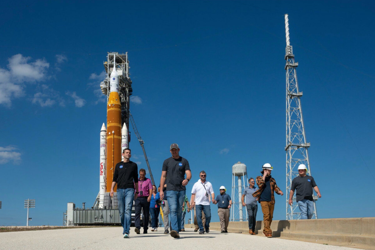 NASA Administrator Jared Isaacman (L) at the Kennedy Space Center launch pad in Cape Canaveral, Fla., on Feb. 21, 2026. (NASA via AP)