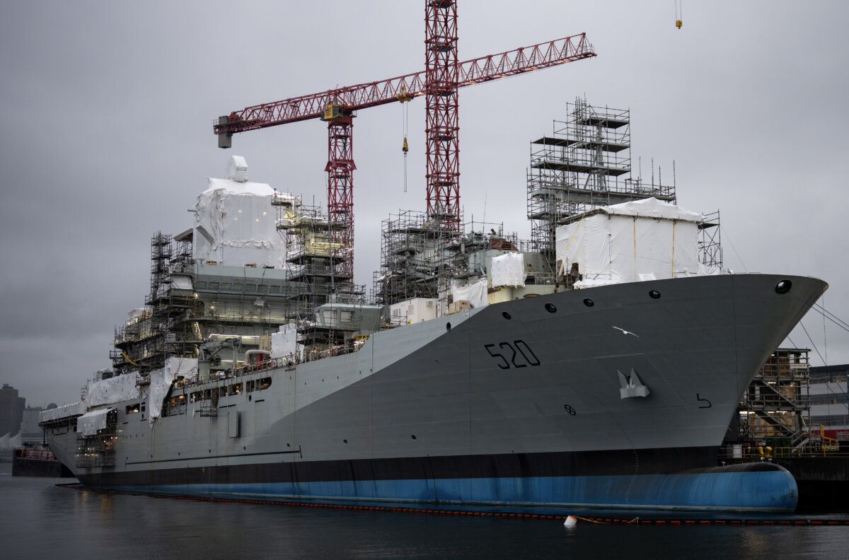 The Royal Canadian Navy's HMCS Protecteur docked at Seaspan's Vancouver shipyard in North Vancouver on Feb. 9, 2026. (The Canadian Press/Ethan Cairns)