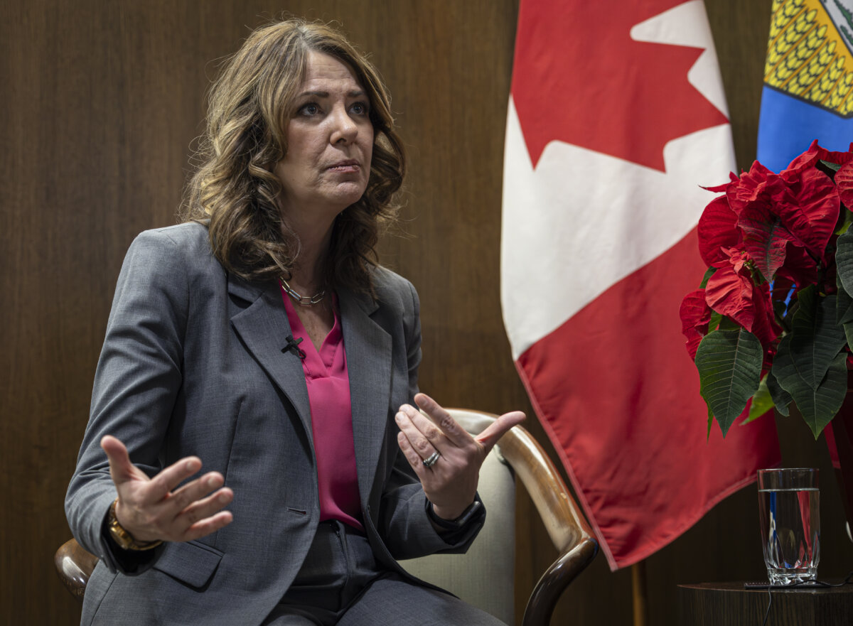 Alberta Premier Danielle Smith speaks during an interview with the Canadian Press in Calgary on Dec. 11, 2025. (The Canadian Press/Jeff McIntosh)