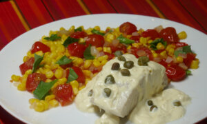 Simple Poached Fish With Caper Sauce and Quick Corn and Tomatoes