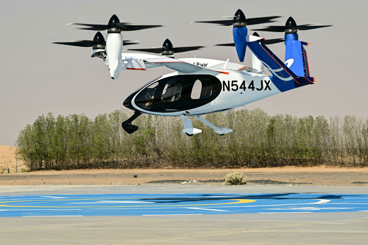 A Joby Aviation's all-electric air taxi lands after performing a flight demonstration during a media presentation in Dubai on Feb. 25, 2026. (Giuseppe Cacace/AFP via Getty Images)
