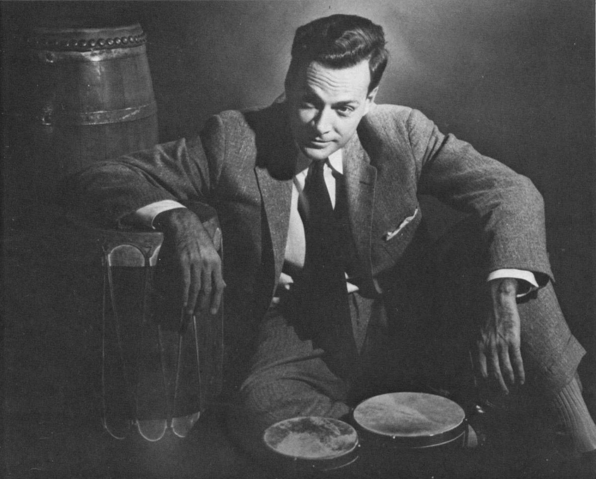 Professor Richard Feynman pictured with his drums in the "The Big T," California Institute of Technology's 1986 yearbook. (Public Domain)