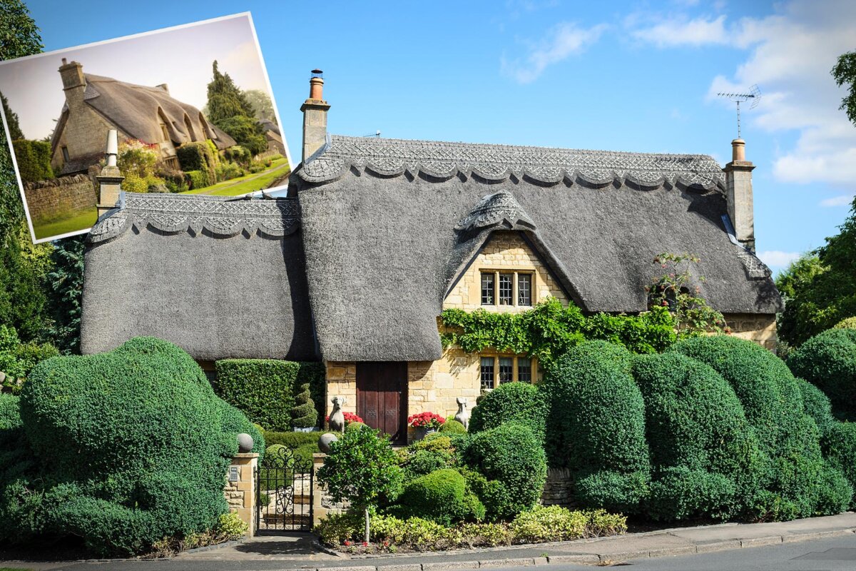 A thatched cottage in Chipping Campden, in the Cotswold district of Gloucestershire, England. (Shutterstock/Anna Hadjimitsi); (Inset) A fairy tale-like home in the Cotswolds. (Shutterstock/Andrew Roland)