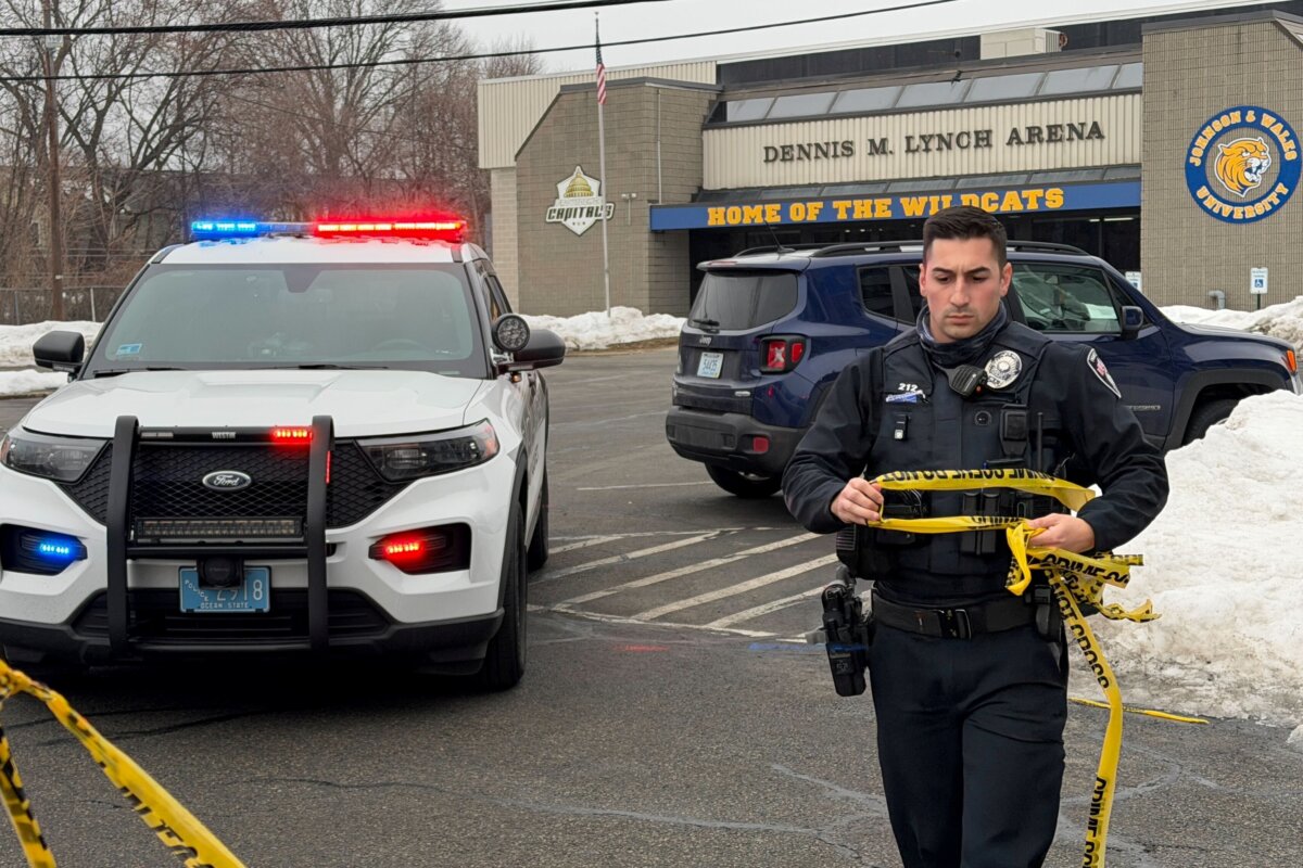 Police continue to tape off the Dennis M. Lynch arena a day after a deadly shooting during a youth hockey game in Pawtucket, R.I., on Feb. 17, 2026. (Rodrique Ngowi/AP Photo)