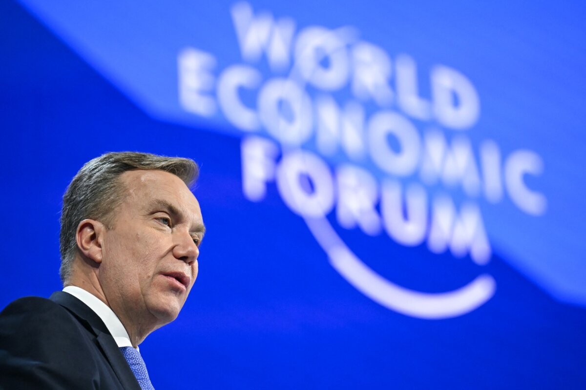 World Economic Forum president and CEO Borge Brende speaks during the World Economic Forum (WEF) annual meeting in Davos, Switzerland, on Jan. 22, 2026. (Fabrice Coffrini/AFP/Getty Images)