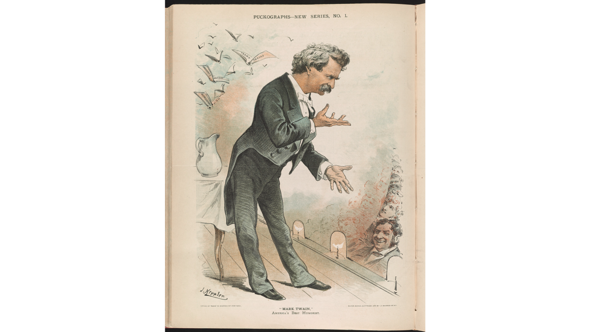 "Mark Twain, America's Best Humorist," by J. Keppler of an illustration in Puckographs. In his short story "How the Author was Sold in Newark," Mark Twain does his best to evoke laughter from one man attending his lecture. (Public Domain)