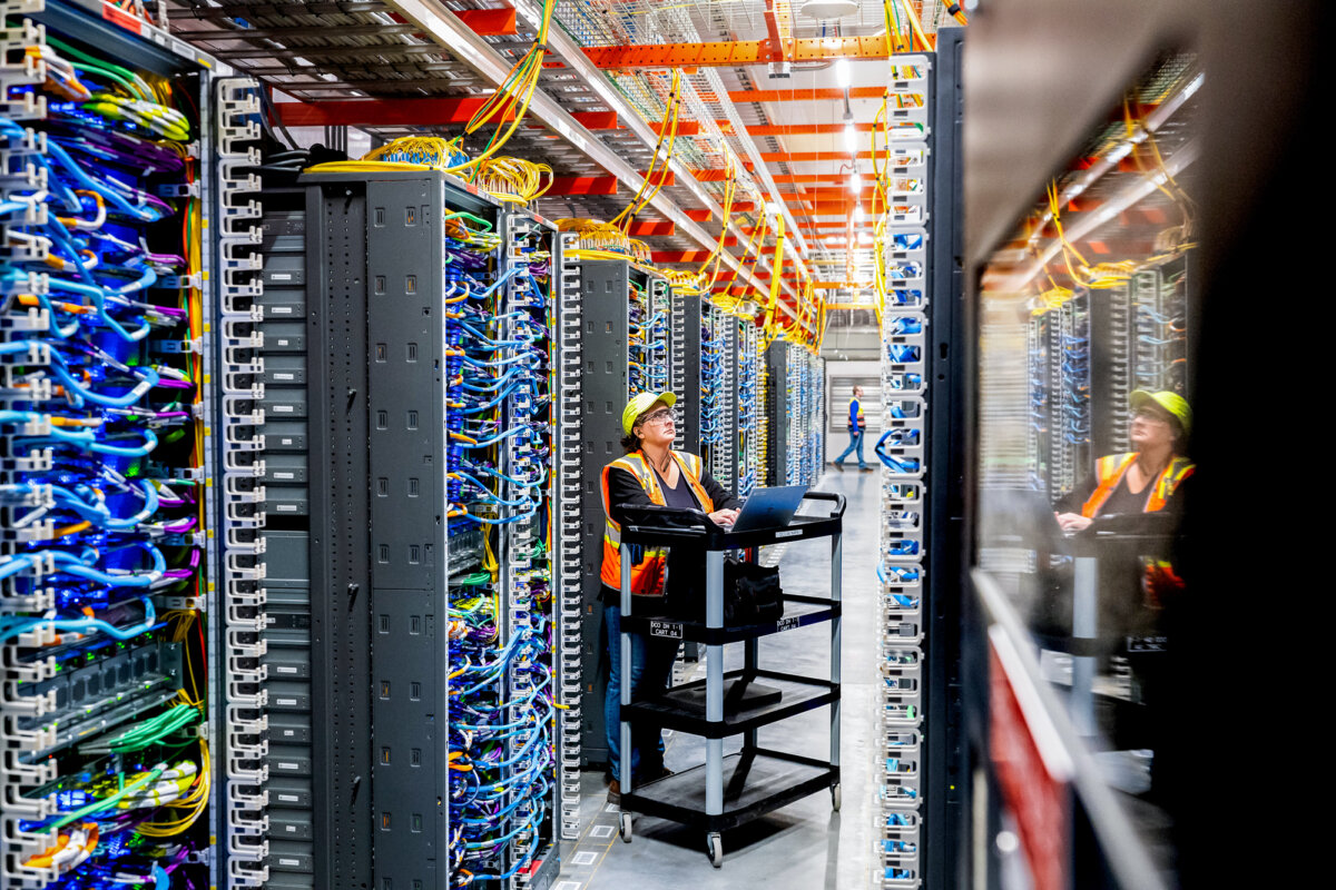 A technician works at an Amazon Web Services AI data center in New Carlisle, Ind., on Oct. 2, 2025. (Noah Berger/Getty Images via Amazon Web Services)