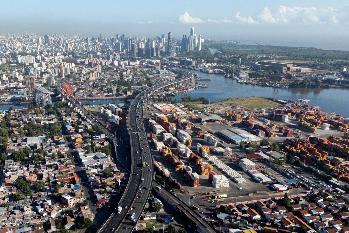 Roadways and containers at Dock Sud Port in Avellaneda, Buenos Aires province, Argentina, on Feb. 26, 2026. (Luis Robayo/AFP via Getty Images)