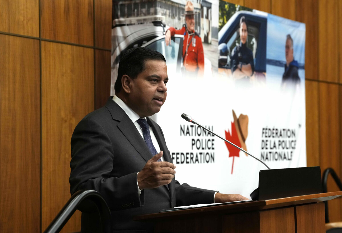 Minister of Public Safety Gary Anandasangaree speaks before a panel discussion on digital lawful access with the National Police Federation in Ottawa on Feb. 26, 2026. (The Canadian Press/Justin Tang)