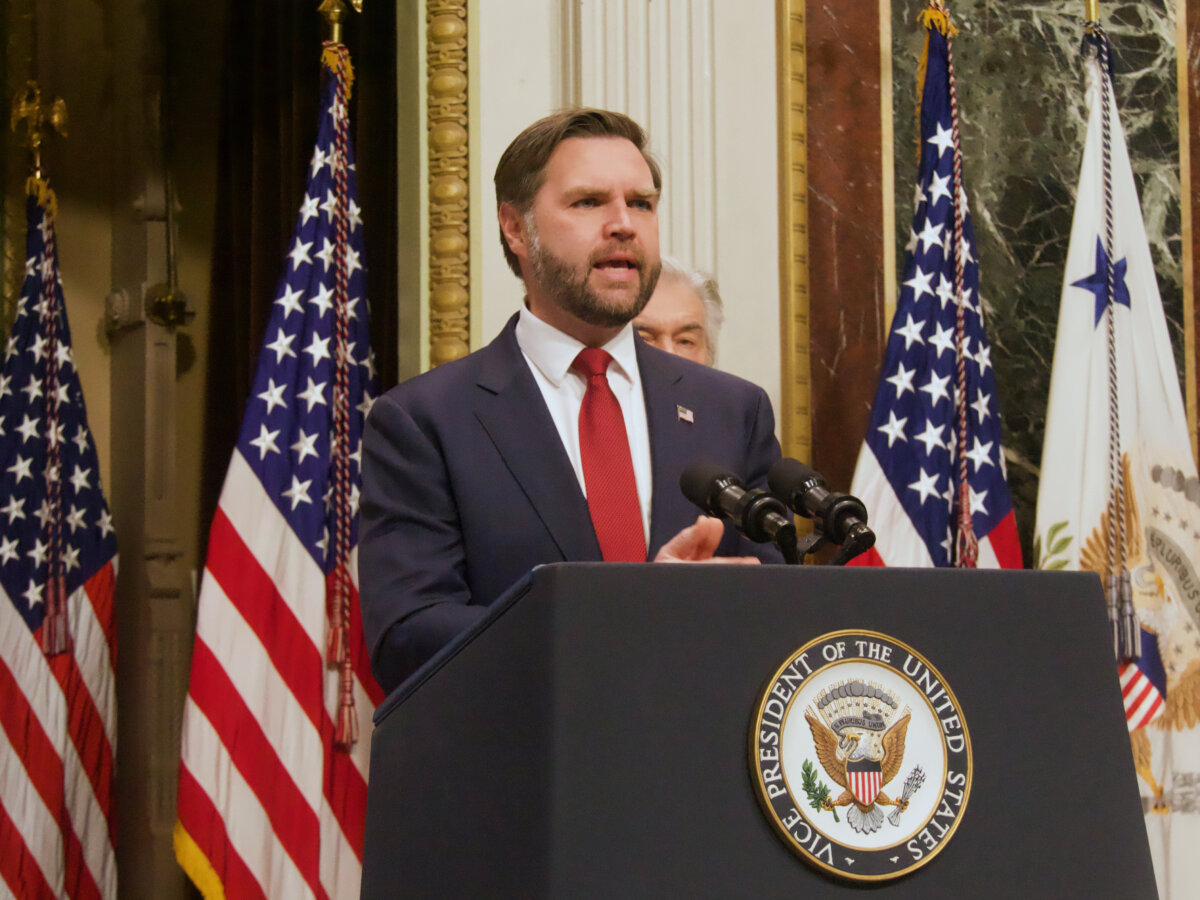 Vice President JD Vance speaks at a press conference in Washington on Feb. 25, 2026. (Travis Gillmore/The Epoch Times)