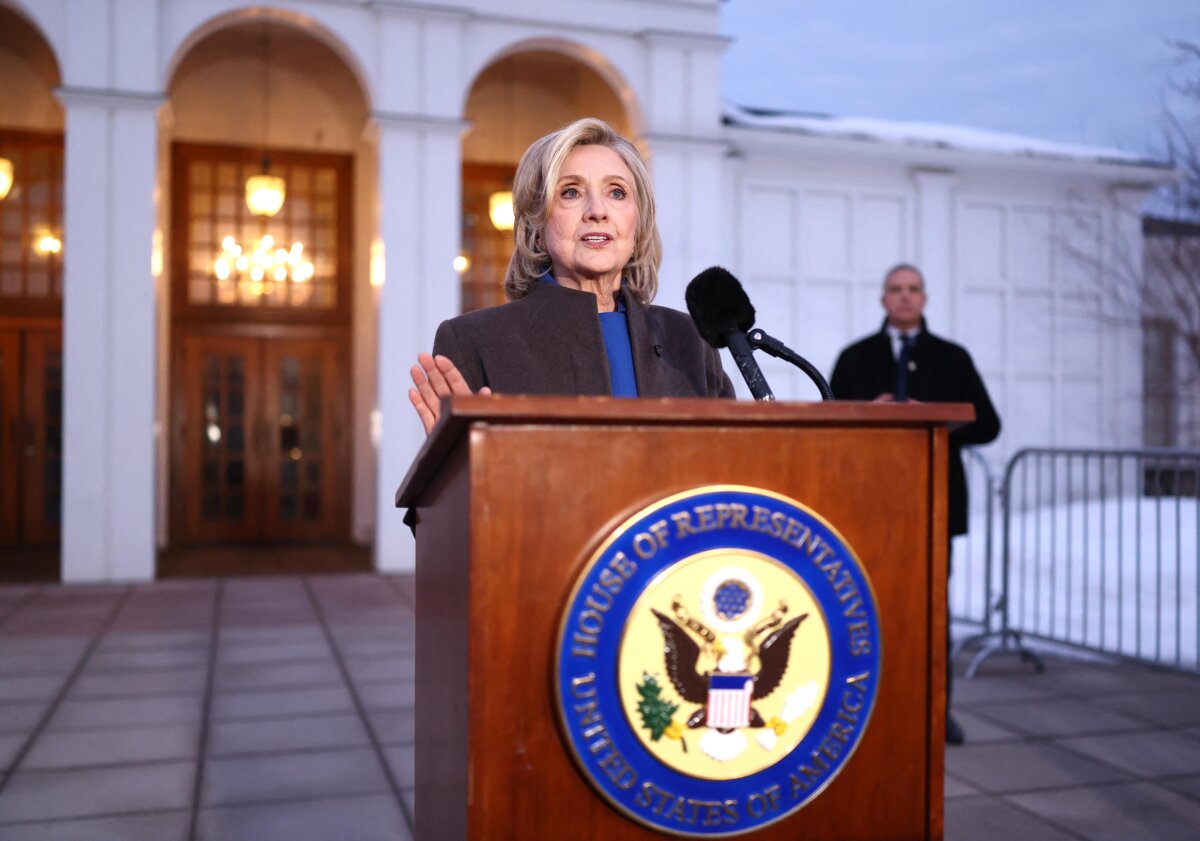 Former Secretary of State Hillary Clinton speaks to the press after her a deposition with the House Oversight Committee as they investigate links to convicted sex offender Jeffrey Epstein, in Chappaqua, N.Y., on Feb. 26, 2026. (Charly Triballeau/AFP via Getty Images)