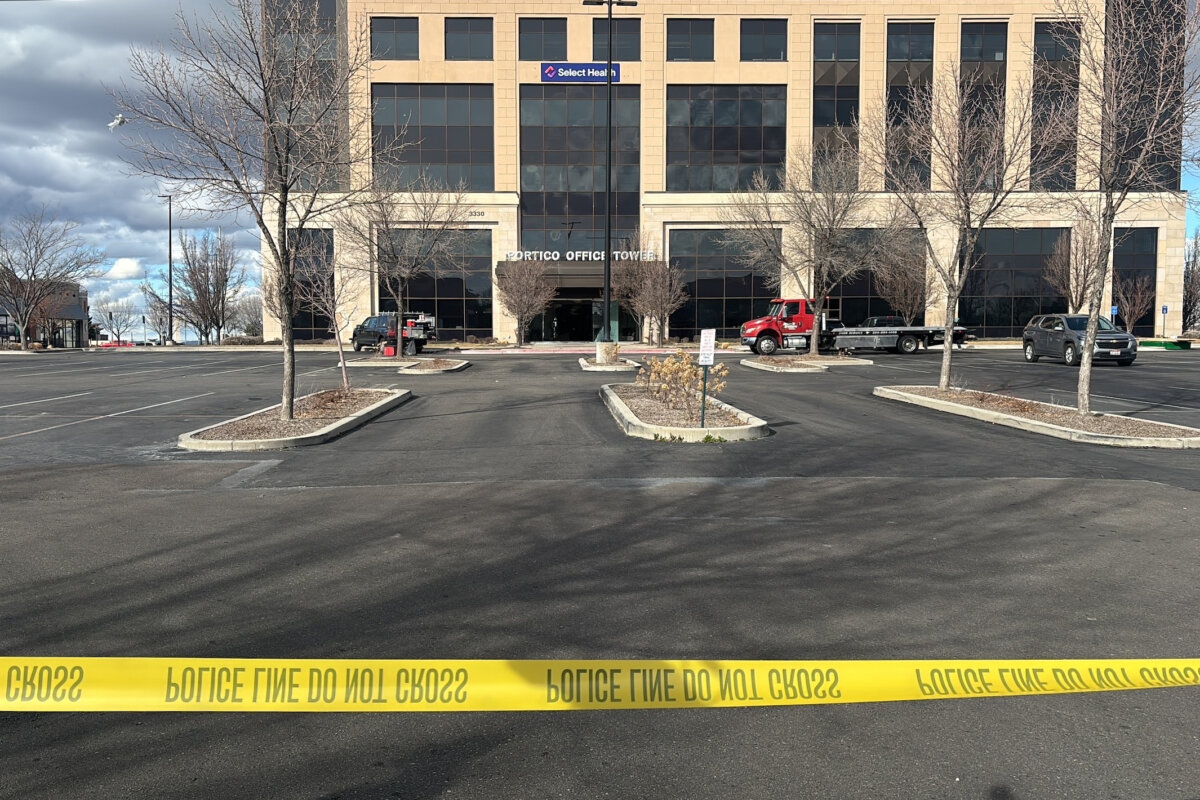 This photo provided by Idaho News 6 shows police tape on the scene where a stolen ambulance was driven into the Portico North building on Feb. 19, 2026, in Meridian, Idaho. (Idaho News 6 via AP)
