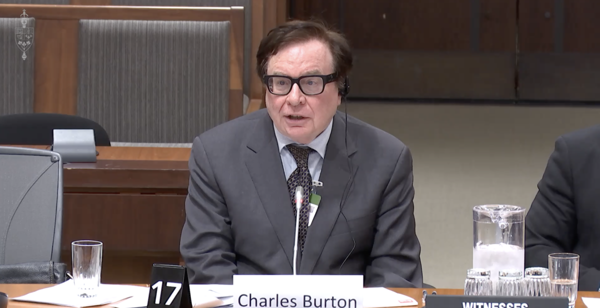 China scholar Charles Burton testifies before the House of Commons Standing Committee on International Trade on Feb. 26, 2025. (House of Commons/Screenshot via The Epoch Times)