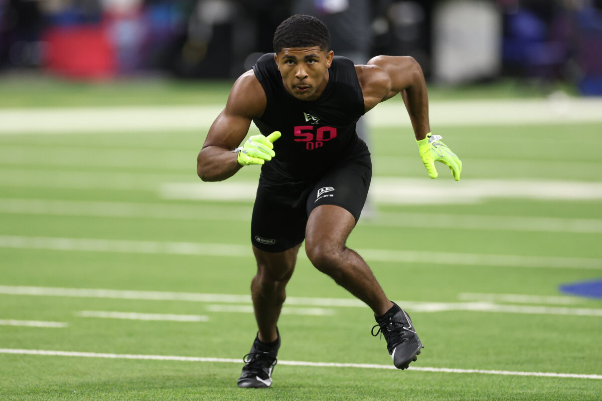 Lorenzo Styles of the Ohio State Buckeyes participates in a drill during the 2026 NFL Scouting Combine at Lucas Oil Stadium in Indianapolis, Indiana, on February 27, 2026. (Photo by Stacy Revere/Getty Images)