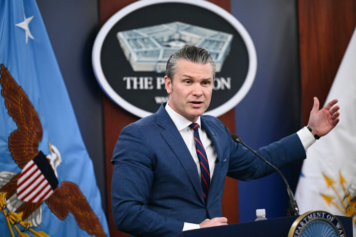 Defense Secretary Pete Hegseth speaks during a press conference on U.S. military action in Iran, at the Pentagon in Washington on March 2, 2026. (Brendan Smialowski/AFP via Getty Images)