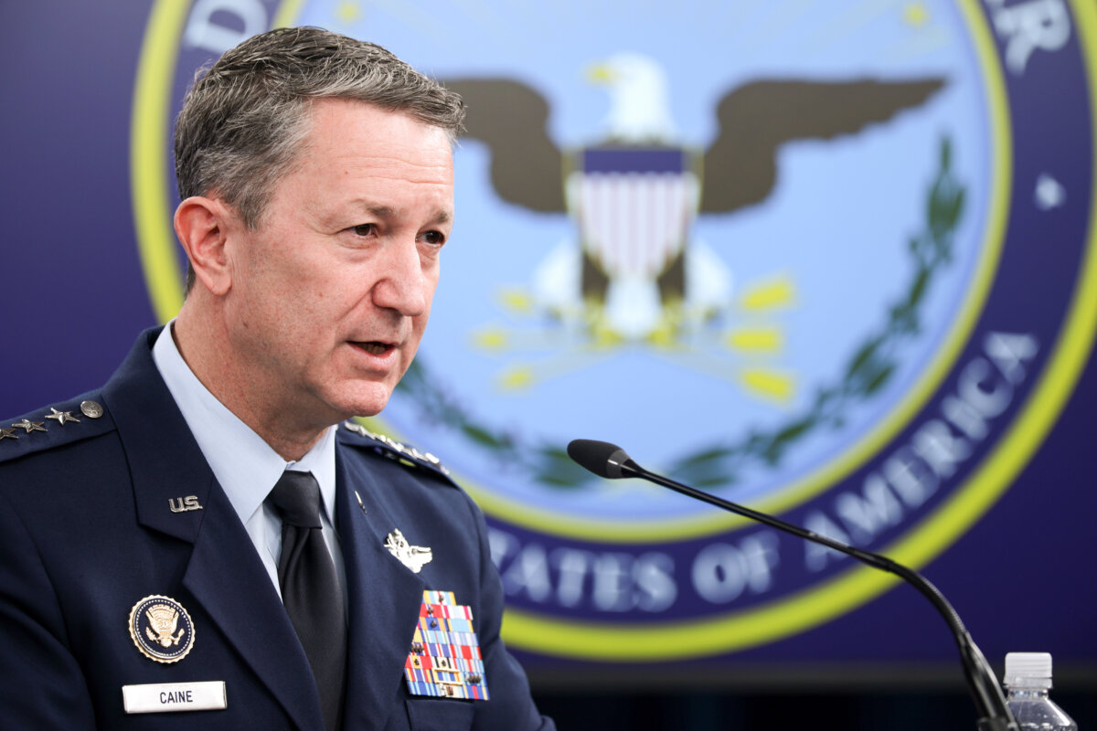 Chairman of the Joint Chiefs of Staff General Dan Caine speaks during a news conference at the Pentagon in Arlington, Va., on March 2, 2026. (Alex Wong/Getty Images)