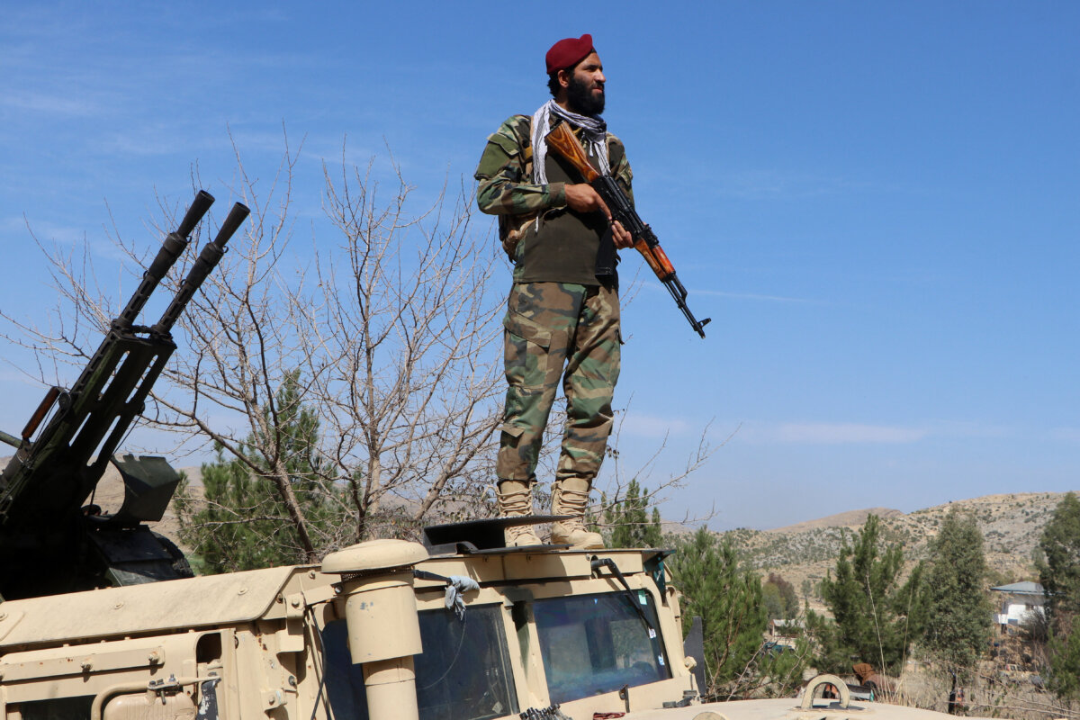 A Taliban soldier stands guard near an anti-aircraft gun while keeping watch for Pakistani airstrikes in the Tere Zayi district of Khost province in Afghanistan on March 2, 2026. (AFP via Getty Images)
