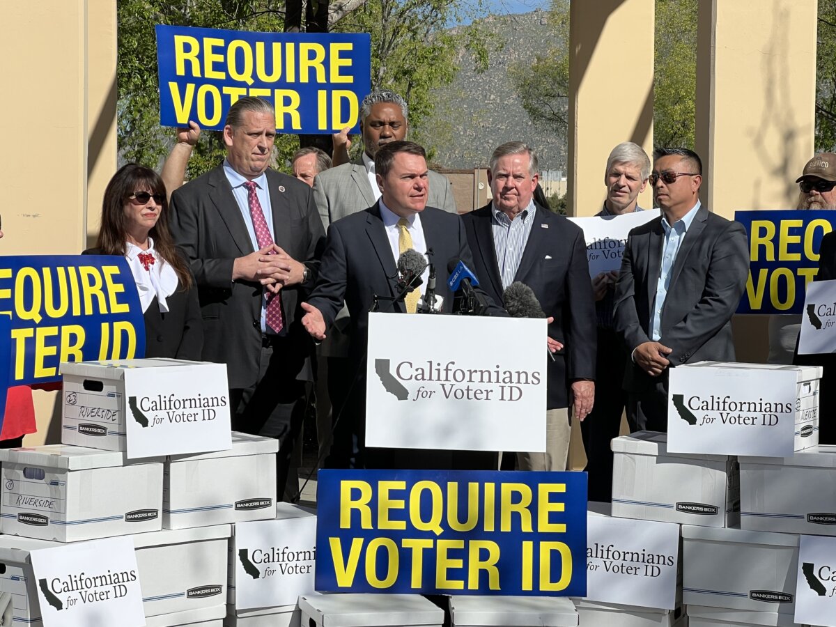 California state Assemblyman Carl DeMaio, along with Congressman Ken Calvert (R) and state Sen. Tony Strickland (L) support a statewide voter ID ballot initiative at the Riverside County Registrar of Voters office in Riverside, Calif., on March 2, 2026. (Brad Jones/The Epoch Times)