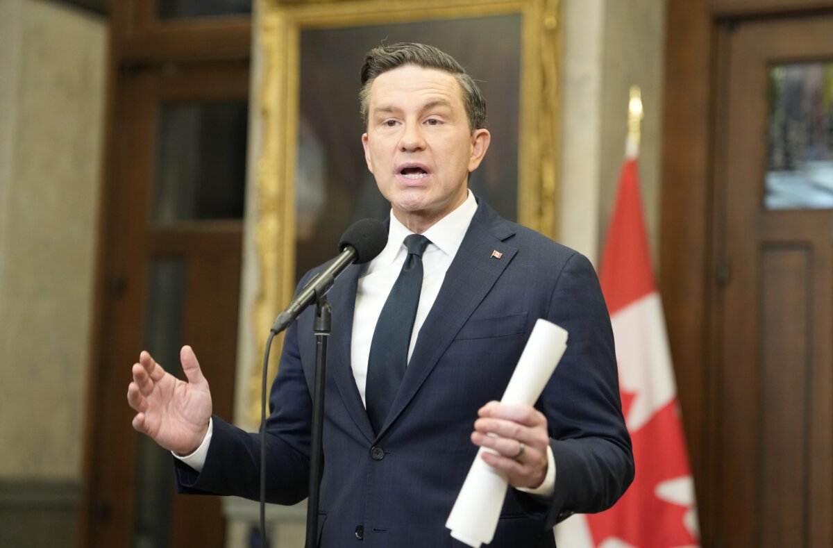 Conservative Leader Pierre Poilievre speaks in the Foyer of the House of Commons in Ottawa on Feb. 17, 2026. (The Canadian Press/Adrian Wyld)