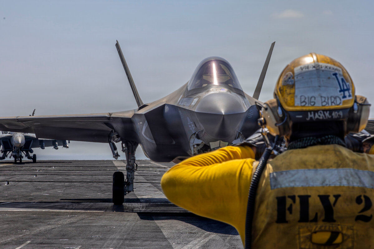 An F-35C Lightning II preparing for launch on the flight deck of the USS Abraham Lincoln at an undisclosed location in the Middle East, on March 2, 2026. (U.S. Navy via AP)