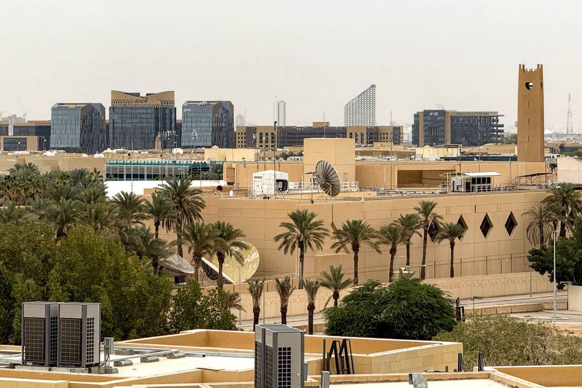 The U.S. Embassy headquarters in Riyadh on March 3, 2026, after it was hit by drone strikes earlier. (AFP via Getty Images)