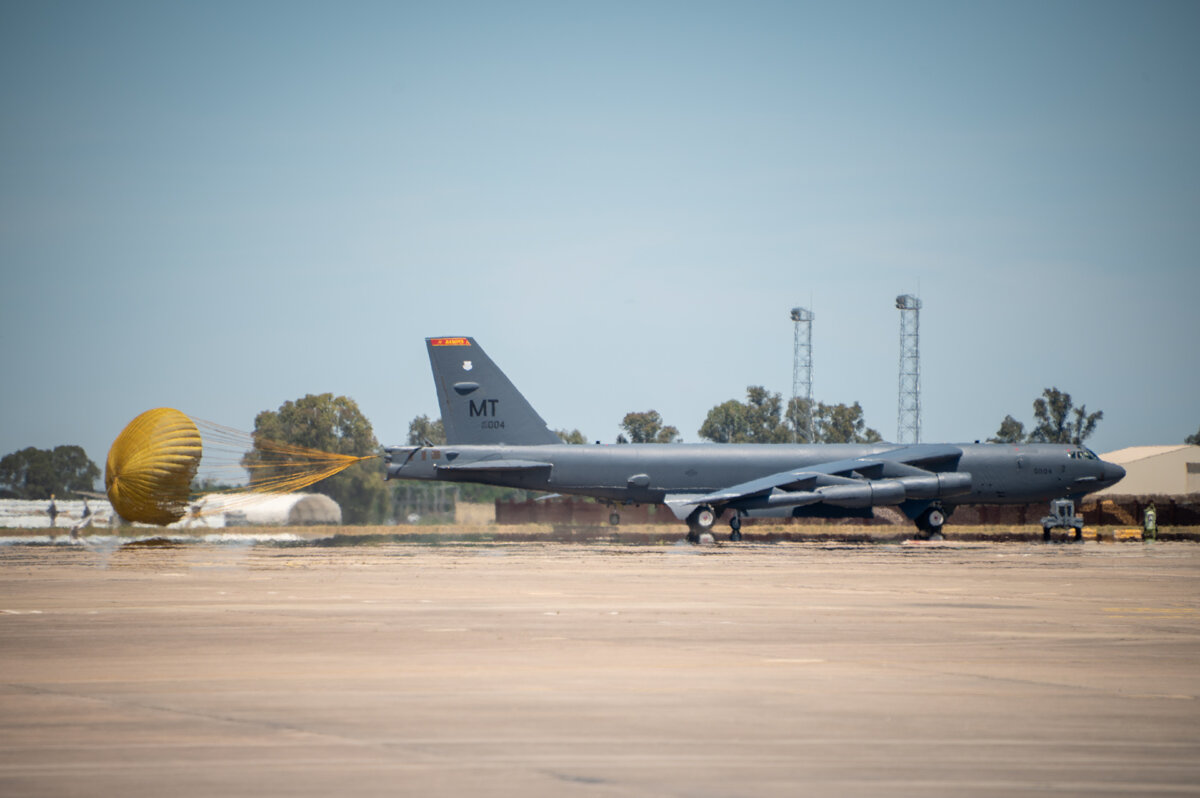 A U.S. Air Force B-52 Stratofortress assigned to the 5th Bomb Wing deploys a drag chute to slow down after landing at Morón Air Base, Spain, during a Bomber Task Force Europe
deployment on May 20, 2025. (Cristina Oliveira/U.S. Air Force)
