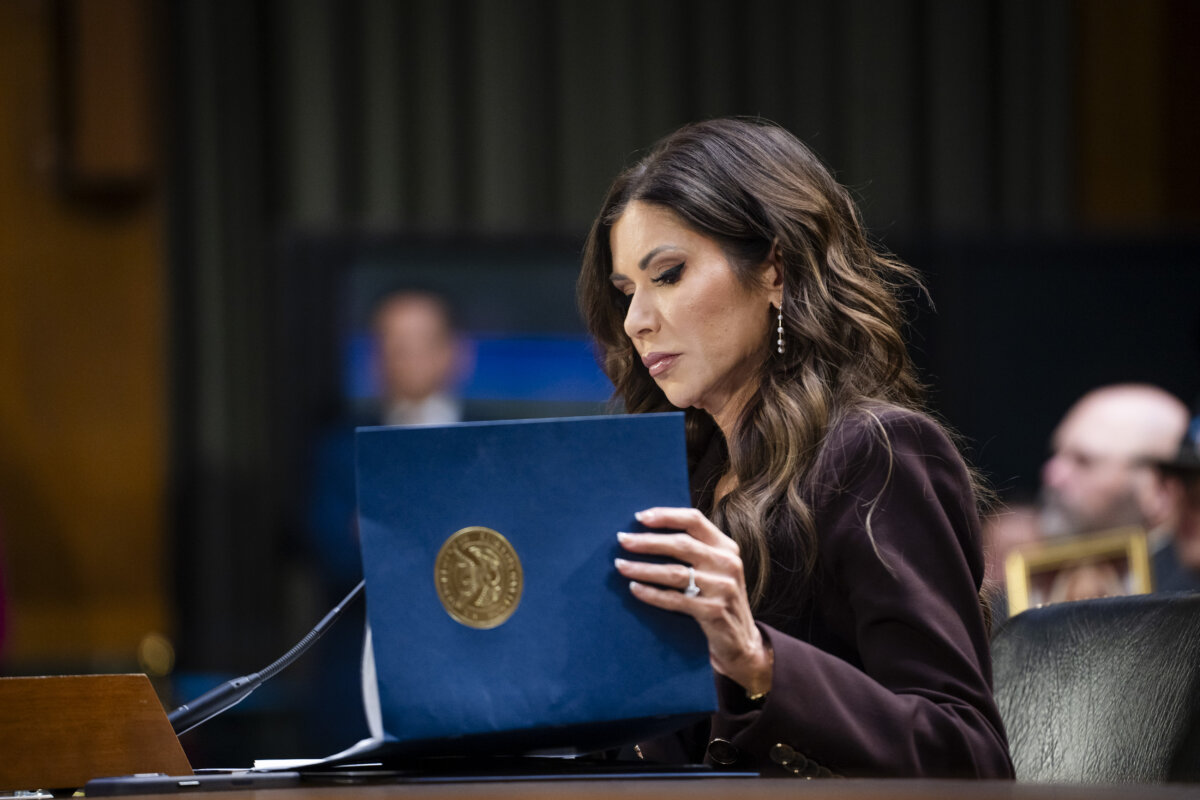 Homeland Security Secretary Kristi Noem testifies before the Senate Committee on the Judiciary on Capitol Hill in Washington on March 3, 2026.(Madalina Kilroy/The Epoch Times)