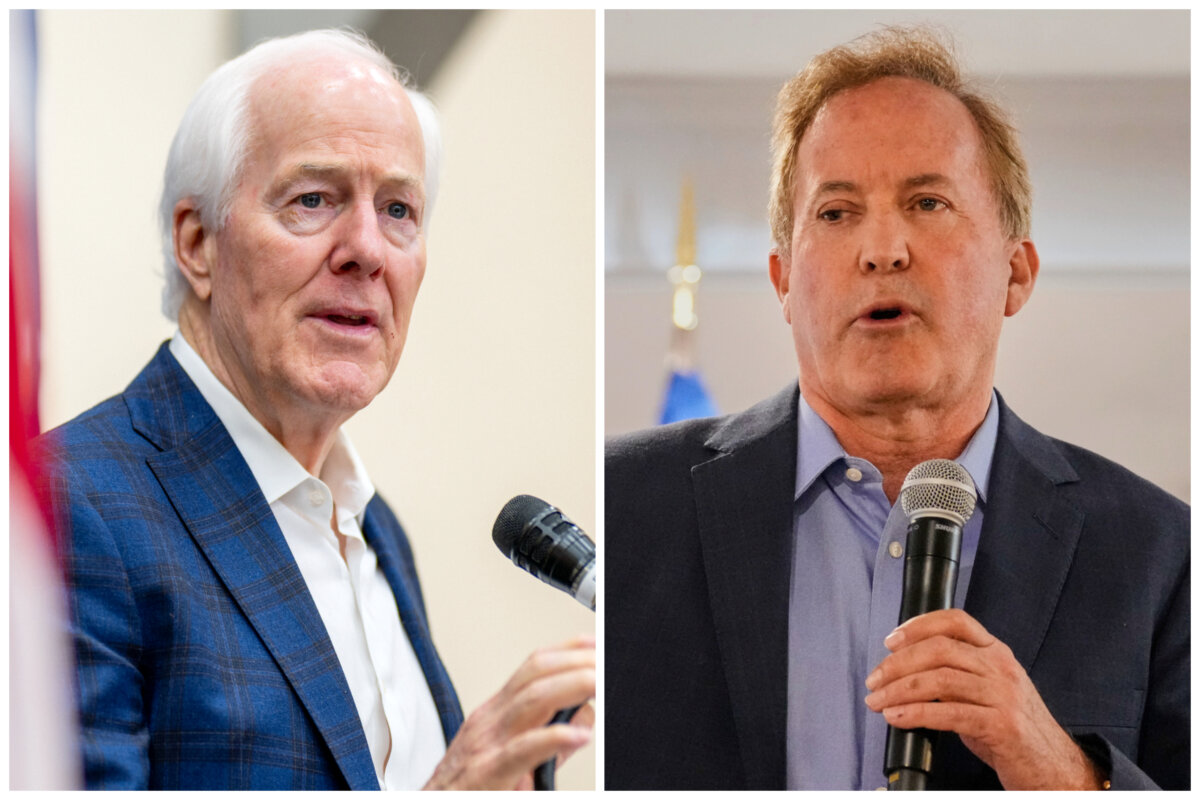 (Left) Sen. John Cornyn (R-Texas) speaks during a Get Out The Vote campaign rally at the Schertz Civic Center Conference Hall in Schertz, Texas, on March 2, 2026. (Right) Texas Attorney General Ken Paxton, a Republican candidate for the U.S. Senate, addresses supporters during a campaign stop, in Waco, Texas, on March 2, 2026. (Brandon Bell/Getty Images; Tony Gutierrez/AP Photo)