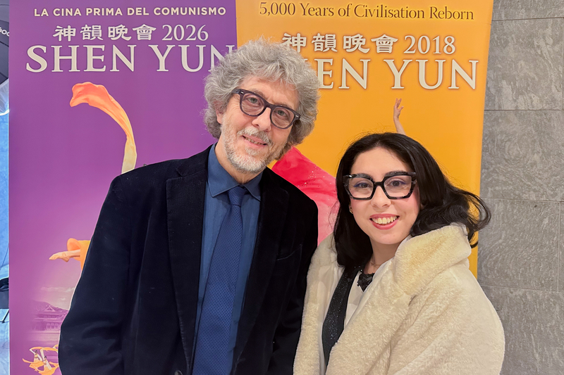 Massimo Vivaldi and his daughter, Sara Vivaldi, at the first performance of Shen Yun Performing Arts at the Teatro Carlo Felice in Genova, Italy, on Feb. 26, 2026. (Giacomo Gallo/The Epoch Times)
