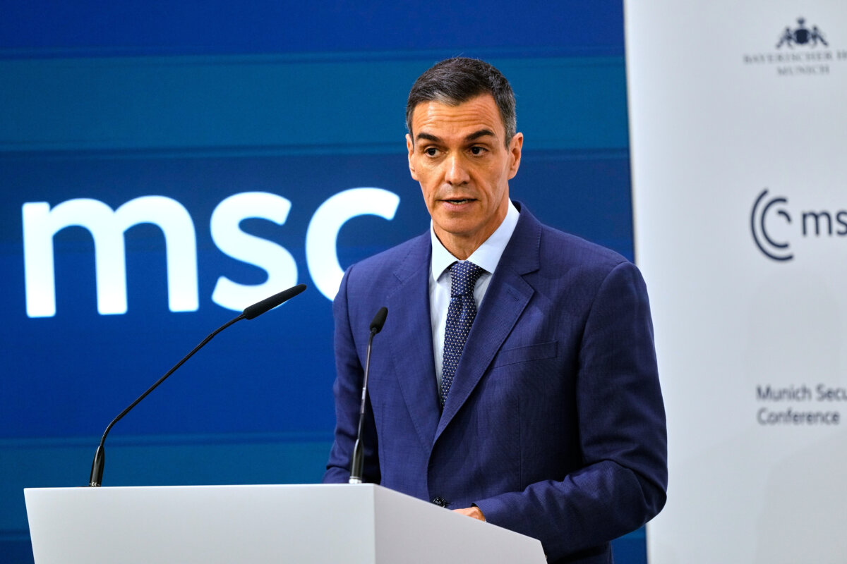 Spanish Prime Minister Pedro Sánchez speaks during a panel discussion at the Munich Security Conference in Munich on Feb. 14, 2026. (Michael Probst/AP)