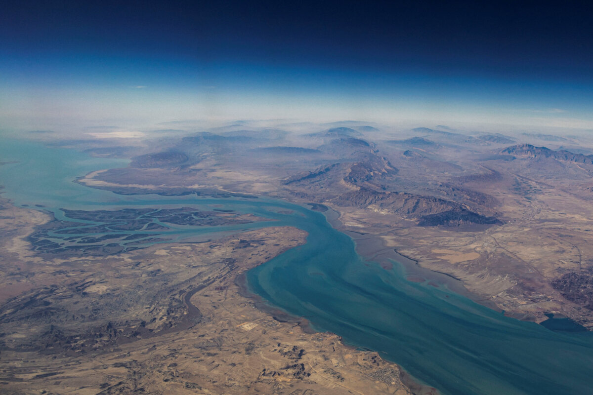 An aerial view of the Iranian shores and the island of Qeshm in the Strait of Hormuz, on Dec. 10, 2023. (STR/Reuters)