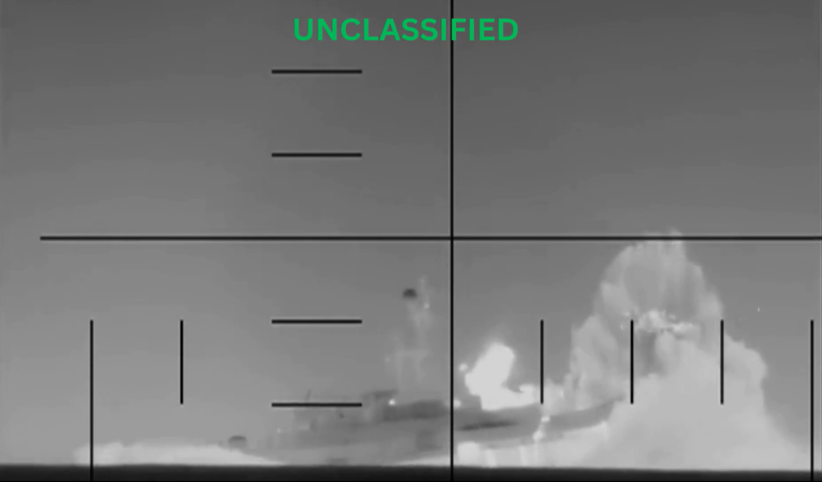 The view from an unidentified U.S. submarine following a strike on an Iranian warship in the Indian Ocean during Operation Epic Fury, released on March 4, 2026. (Office of the Secretary of War via DVIDS)