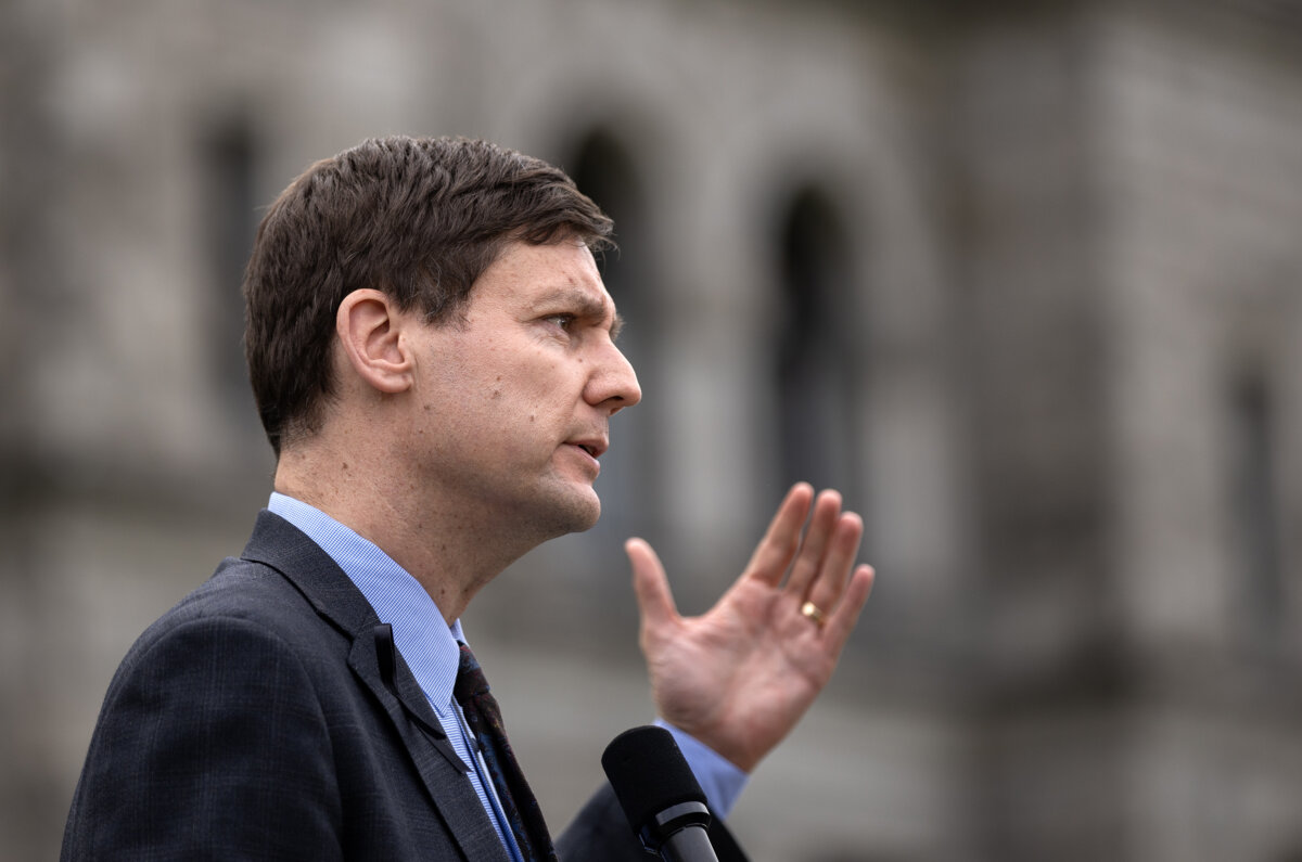 B.C. Premier David Eby speaks during a press conference in Victoria, on Feb. 12, 2026. (The Canadian Press/Chad Hipolito)