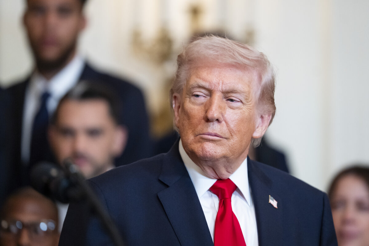 President Trump speaks during a White House visit by Major League Soccer champions Inter Miami CF on March 5, 2026. (Madalina Kilroy/The Epoch Times)