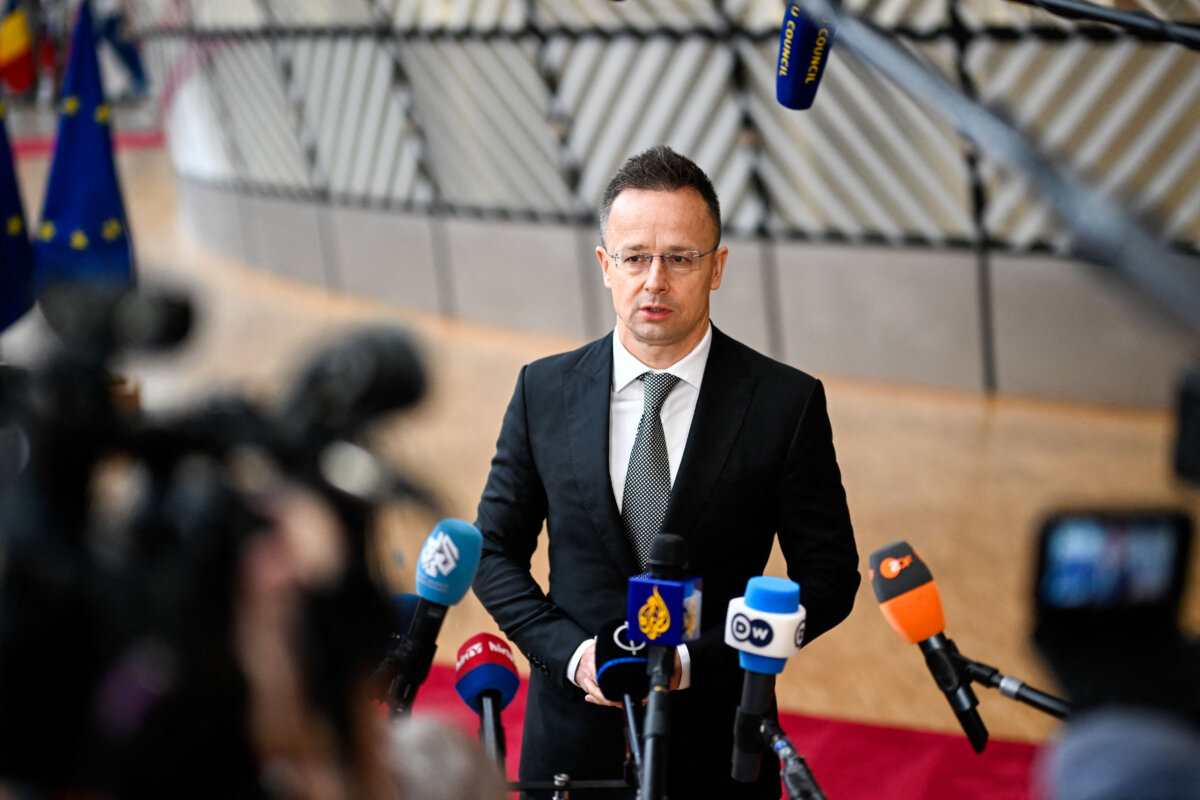 Hungary's Foreign Minister Peter Szijjarto speaks to the press as he arrives for the EU Foreign Affairs Council in Brussels on Feb. 23, 2026. (John Thys/AFP via Getty Images)