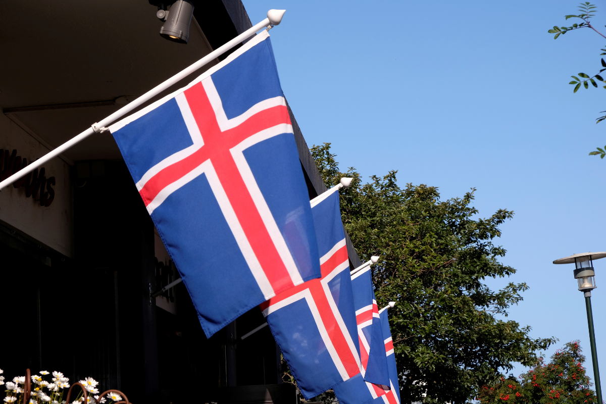 Icelandic national flags flutter over a souvenir shop in Reykjavik, Iceland, on Aug. 19, 2019. (Ints Kalnins/Reuters)