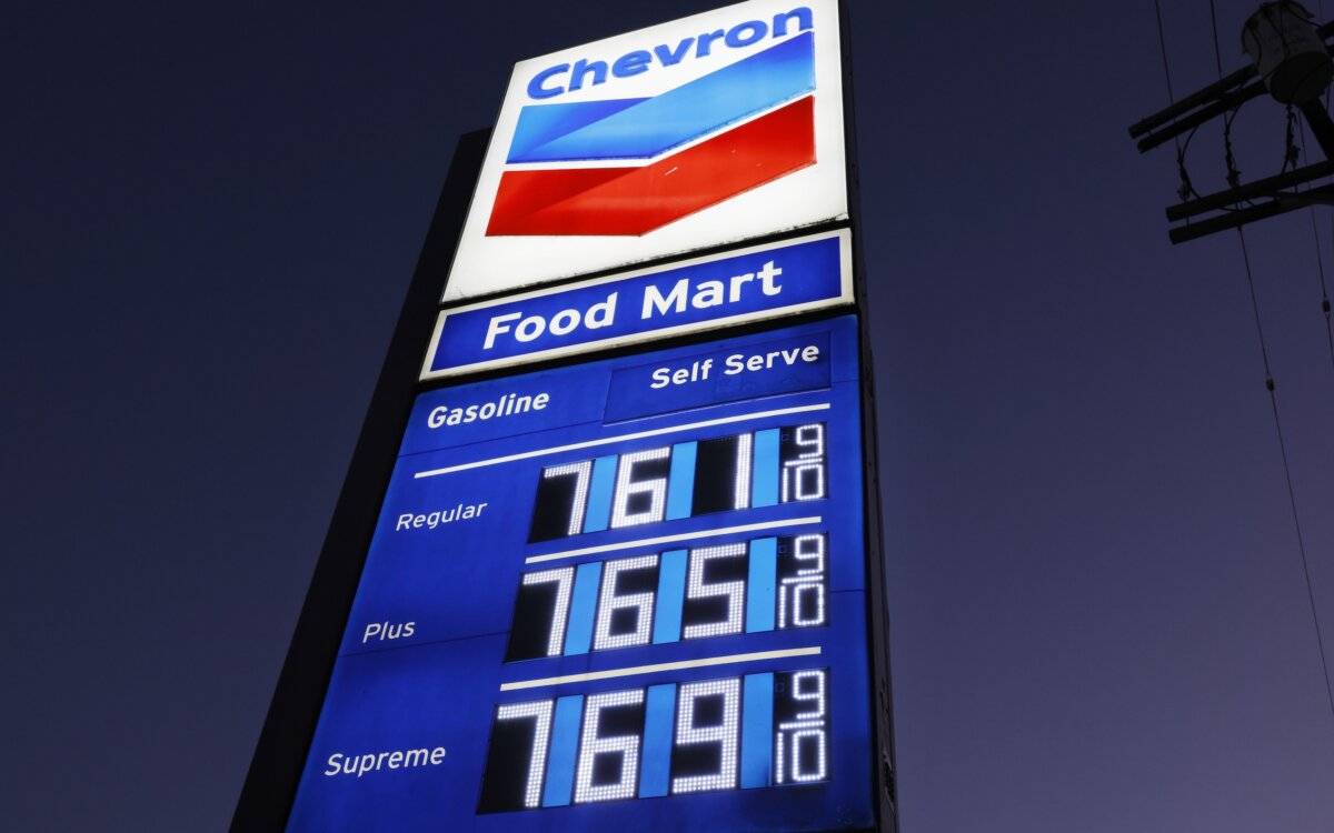 High gas prices are displayed at a downtown Chevron station in Los Angeles, on March 3, 2026. (Mario Tama/Getty Images)