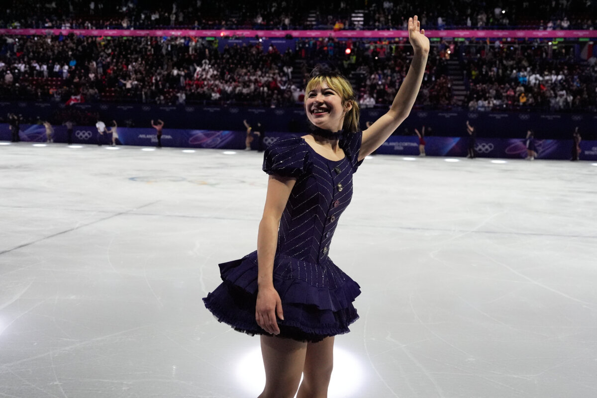 Alysa Liu of the United States reacts after performing in the figure skating exhibition at the 2026 Winter Olympics in Milan, Italy, on Feb. 21, 2026. (Ashley Landis/AP Photo)