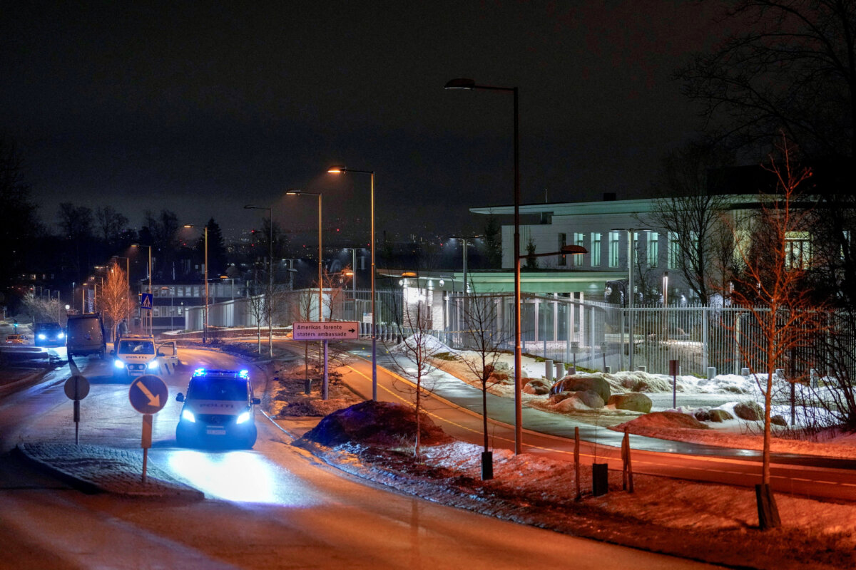 Police vehicles outside the U.S. embassy, after a loud bang was reported at the site, in Oslo, Norway, on March 8, 2026. (Javad Parsa/NTB via Reuters)
