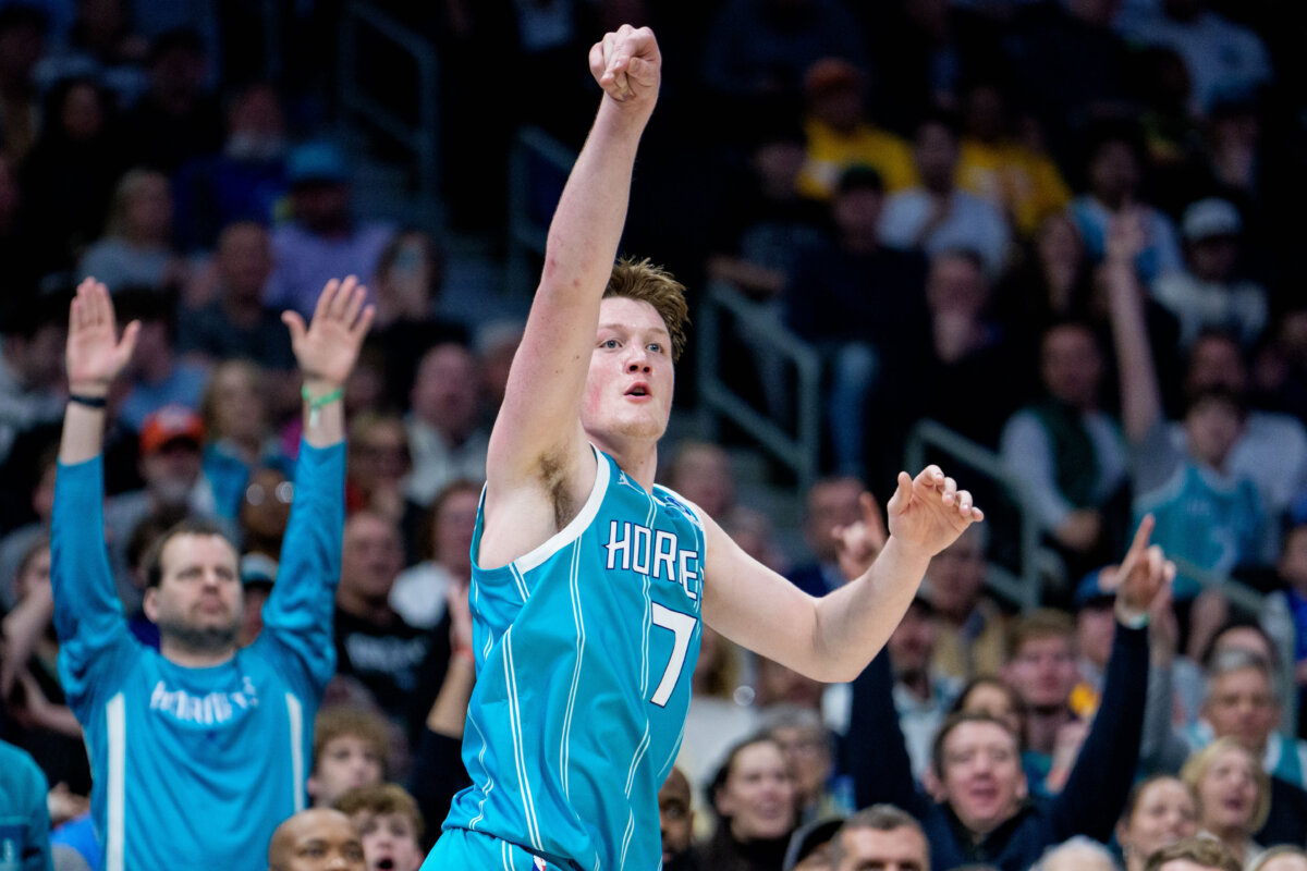Kon Knueppel of the Charlotte Hornets watches his shot in the first half against the Dallas Mavericks during their game at Spectrum Center in Charlotte, N.C., on March 3, 2026. (Jacob Kupferman/Getty Images)