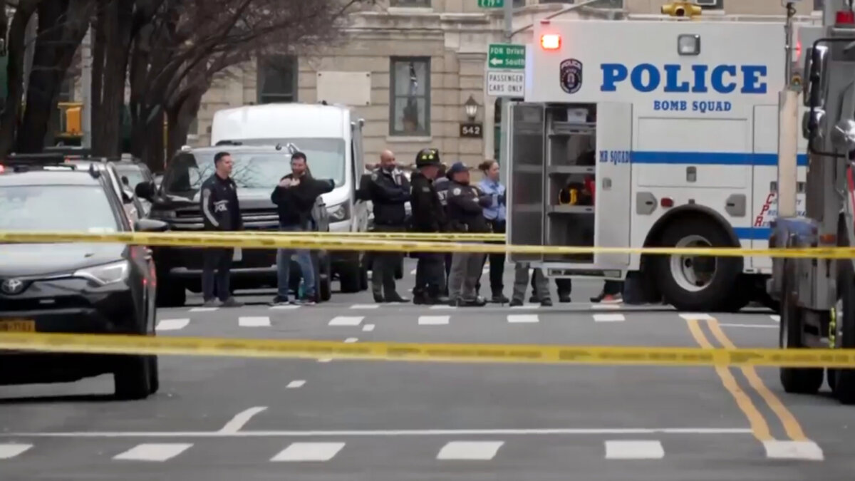 Law enforcement officers respond to Manhattan's Upper East Side as New York City's police said they identified a "suspicious device in a vehicle” on March 8, 2026. (Joseph B. Frederick/AP Photo)