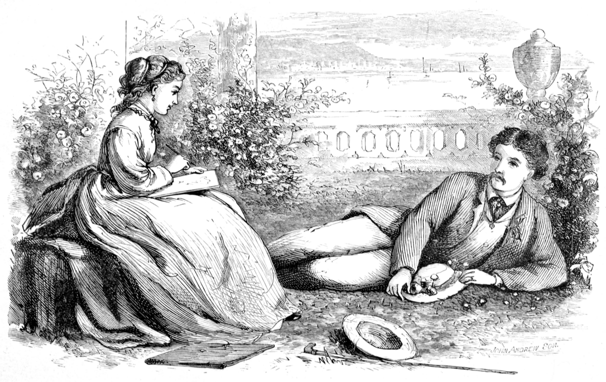 Frontispiece of “Little Women part 2,” 1869, by L. M. Alcott and illustrated by May Alcott. (Public Domain)