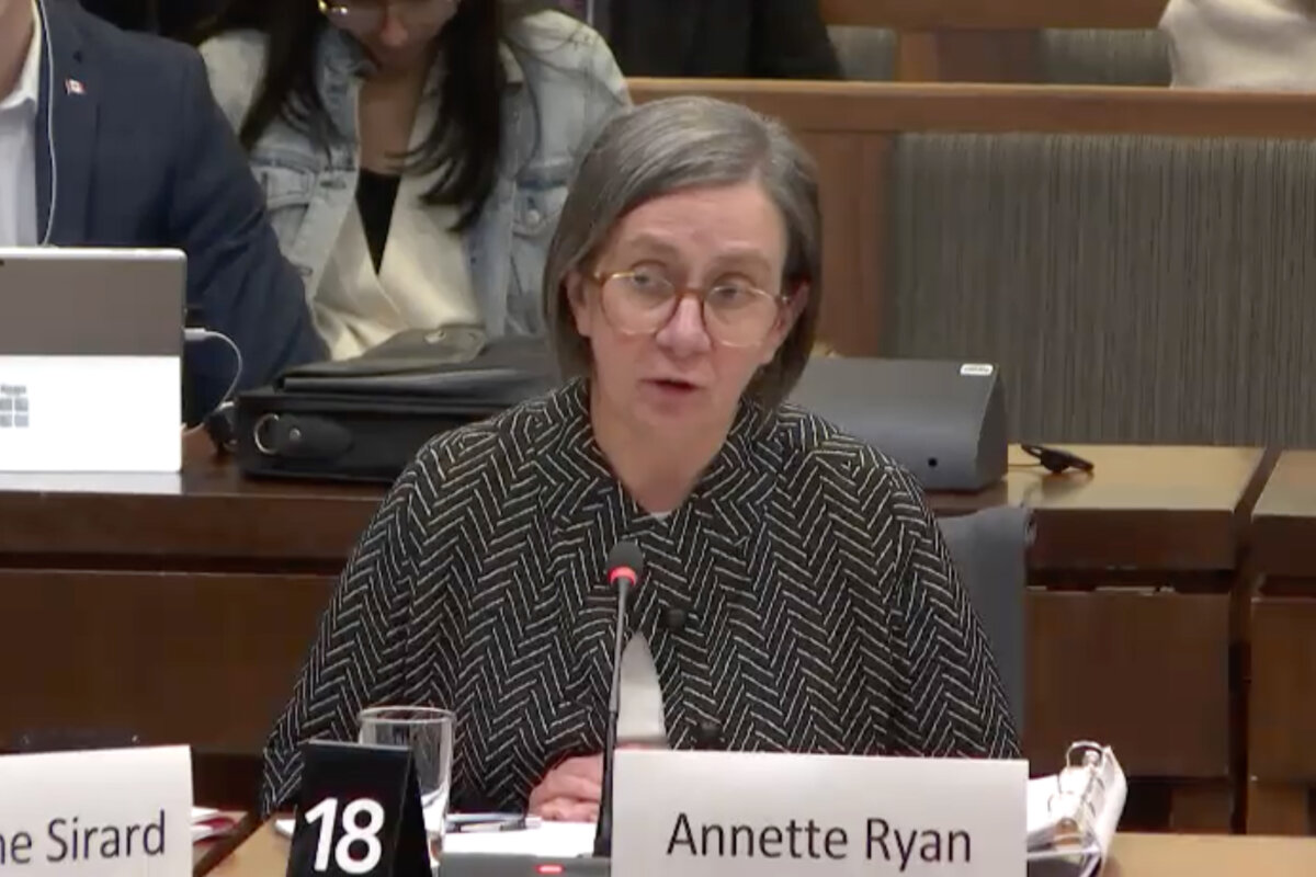 Annette Ryan speaks at the Standing Committee on Finance in Ottawa, on Oct. 29, 2025, in this handout still from video. (The Canadian Press/Handout — House of Commons)