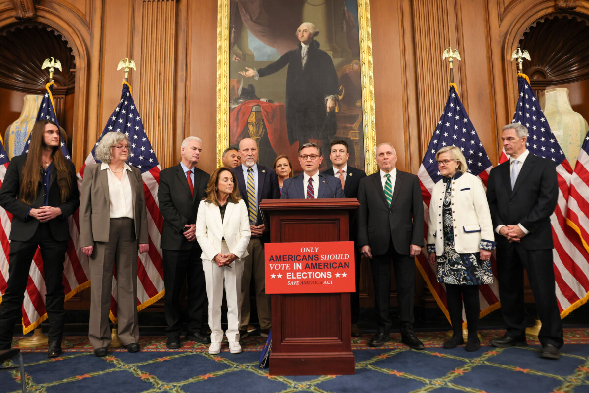 House Speaker Mike Johnson speaks during a news conference about the passage of the SAVE America Act at the U.S. Capitol in Washington, on Feb. 11, 2026. (Michael M. Santiago/Getty Images)