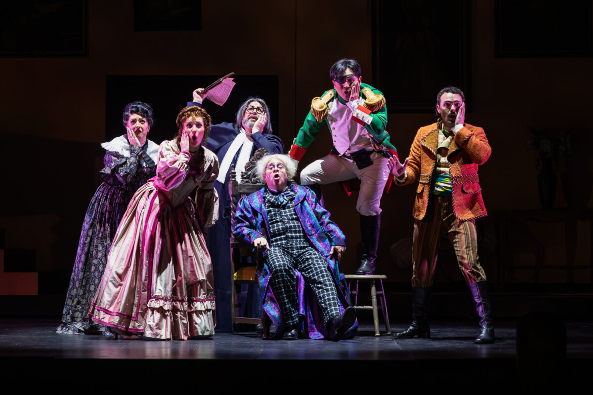 (L-R) Tasha Hokuao Koontz, Stephanie Doche, Craig Colclough, Patrick Carfizzi, Minghao Liu, and Dean Murphy in "The Barber of Seville" by San Diego Opera in 2026. (Courtesy of Karli Cadel)