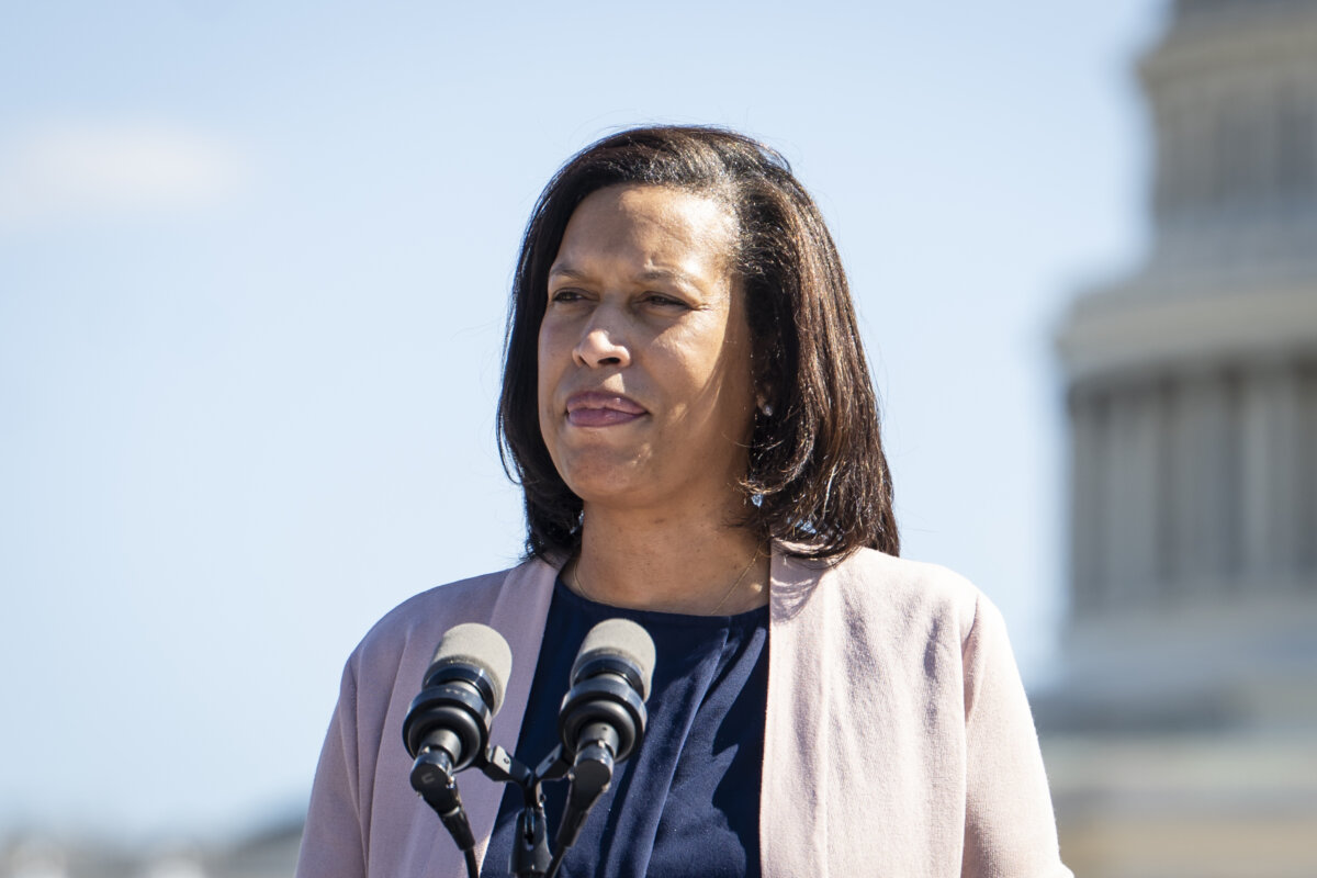 Washington Mayor Muriel Bowser speaks during a press event unveiling the new Indycar for the Freedom 250 Grand Prix, in Washington on March 9, 2026. (Madalina Kilroy/The Epoch Times)