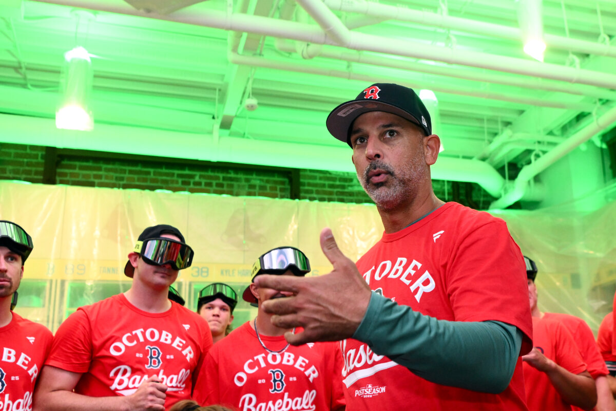 Manager Alex Cora of the Boston Red Sox talks with the team after defeating the Detroit Tigers during the ninth inning at Fenway Park in Boston, Mass., on Sept. 26, 2025. (Brian Fluharty/Getty Images)