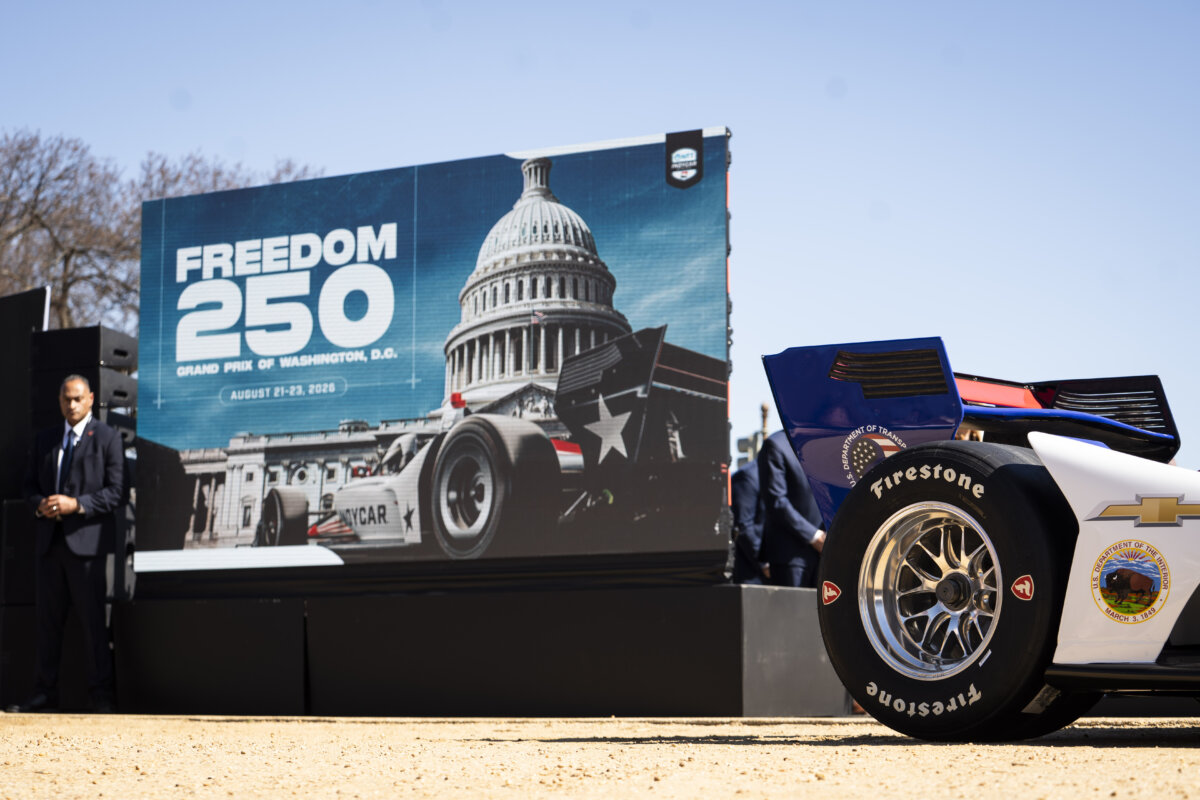 The new Indycar for the Freedom 250 Grand Prix, in Washington on March 9, 2026. Featuring a 1.7 mile course with seven turns on the National Mall, the Aug. 23 event will celebrate America's 250th birthday. (Madalina Kilroy/The Epoch Times)