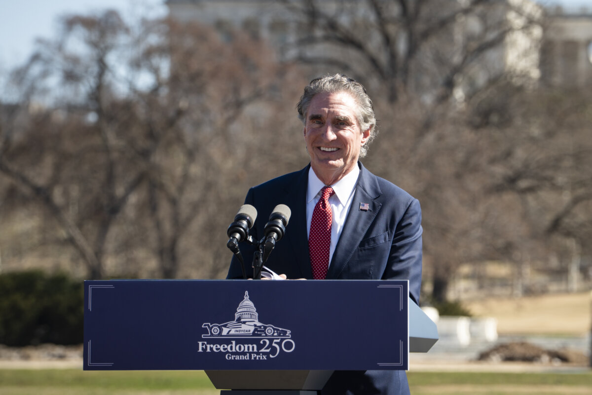 Interior Secretary Doug Burgum speaks during a press event in Washington on March 9, 2026. (Madalina Kilroy/The Epoch Times)
